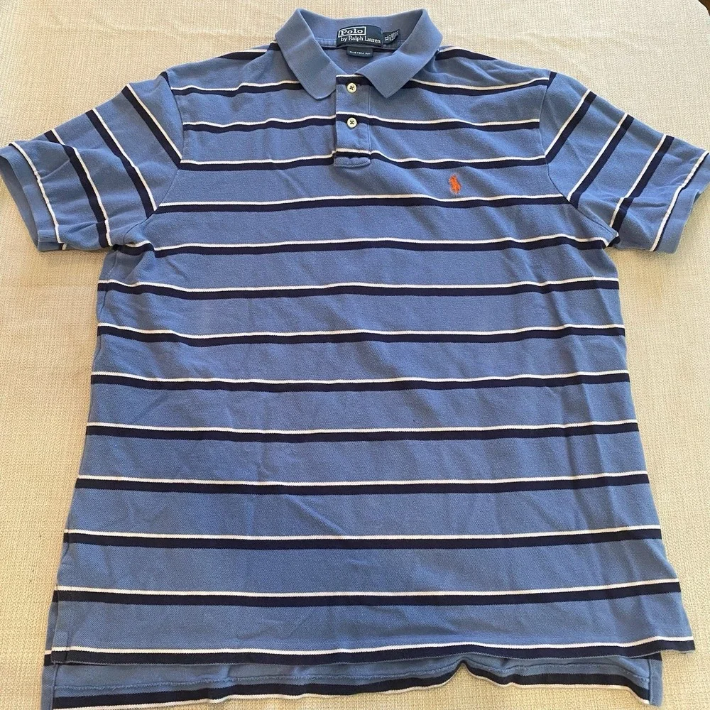 Vtg Polo Ralph Lauren Blue Striped Polo Shirt Men's XL